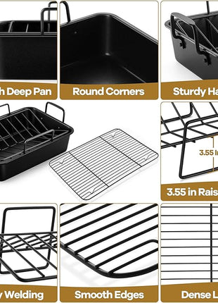 P&P CHEF 16" Roaster Roasting Pan with Baking Rack and V-shaped Rack, Stainless Steel Rectangular Lasagna Pan with Handles for Turkey Chicken, Healthy & Dishwasher Safe, 3 Pieces, Black