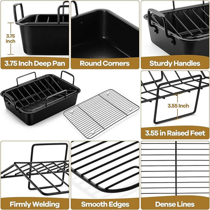 P&P CHEF 16" Roaster Roasting Pan with Baking Rack and V-shaped Rack, Stainless Steel Rectangular Lasagna Pan with Handles for Turkey Chicken, Healthy & Dishwasher Safe, 3 Pieces, Black