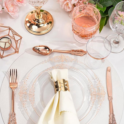 Nervure 350PCS Rose Gold Plastic Plates - Rose Gold Plastic Dinnerware Sets for 50 Guests - 100 Disposable Plates, 150 Silverware, 50 Cups, 50 Napkins Perfect for Wedding & Party