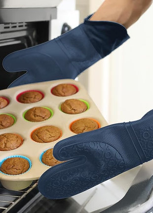 BPA-Free Soft Silicone Oven Mitts - Ultra Heat Resistant Oven Mitts with Thick Cotton Liner - Extra Long Slip Resistant Pot Holders, Flexible Oven Gloves - Navy 14.7"