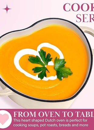 Paris Hilton Enameled Cast Iron Dutch Oven Heart-Shaped Pot with Lid, Dual Handles, Works on All Stovetops, Oven Safe to 500°F, 2-Quart, Cream