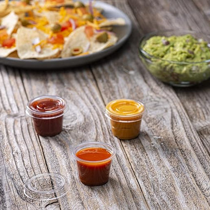 (1 oz - 100 Sets) Clear Diposable Plastic Portion Cups With Lids, Small Mini Containers For Portion Controll, Jello Shots, Meal Prep, Sauce Cups, Slime, Condiments,