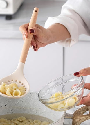 Country Kitchen Non Stick Silicone Utensil Set with Rounded Wood Handles for Cooking and Baking, 14 Piece Set, Khaki