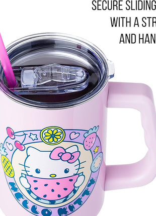 Silver Buffalo Sanrio Hello Kitty Summer Kawaii Fruits Stainless Steel Tumbler with Handle, Fits in Standard Cup Holder, 40 Ounces