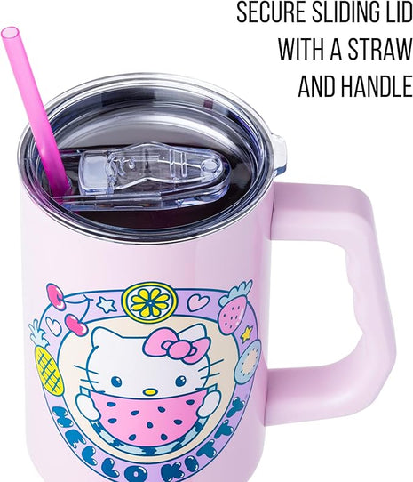 Silver Buffalo Sanrio Hello Kitty Summer Kawaii Fruits Stainless Steel Tumbler with Handle, Fits in Standard Cup Holder, 40 Ounces