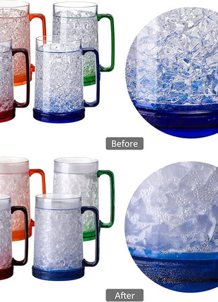 Double Wall Gel Frosty Freezer Ice Mugs Clear 16oz Set of 4 (Blue, Red, Orange and Green)