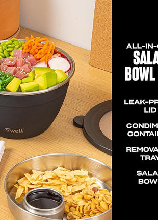 S’well Stainless Steel 64oz Salad Bowl Kit in Onyx, Comes with 2oz Condiment Container and Removable Tray for Organized Serving, Leak-Proof and Dishwasher Safe