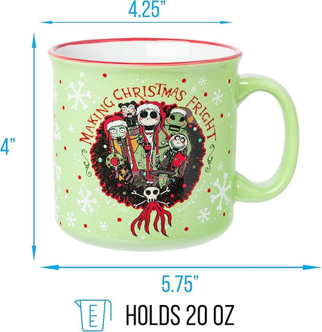 Silver Buffalo Disney Nightmare Before Christmas Making Christmas Fright Featuring Jack Skellington, Sally, Oogie Boogie, Shock, Barrel, and Scary Teddy Ceramic Camper Mug, 20 Ounces