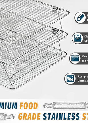 Stainless Steel Stackable Cooling Rack for Baking, 3 Tier 12”x 16.5”,Oven & Dishwasher Salf and Fit Half Sheet,Wire Cooling Racks for Cookie, Pizza, Cake