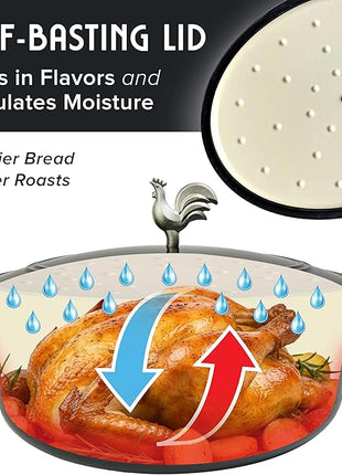 MUELLER HOME 5.5 Quart Enameled Cast Iron Oval Dutch Oven with Rooster Knob & Cotton Potholders, Heavy-Duty Cookware, Oven-Safe up to 500° F & Across All Cooktops, Gifts for Grandma & Women, Black