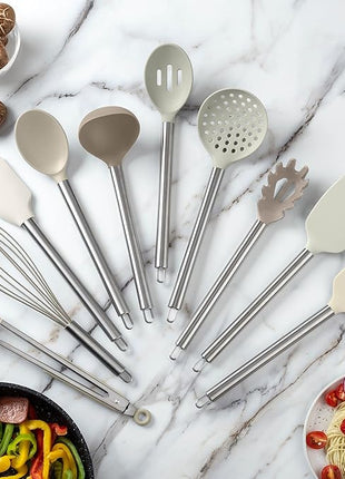 COOK WITH COLOR Silicone Cooking Utensils, Kitchen Utensil Set, Easy to Clean Silicone Kitchen Utensils, Cooking Utensils for Nonstick Cookware, Kitchen Gadgets Set, 10 Pieces, Brown