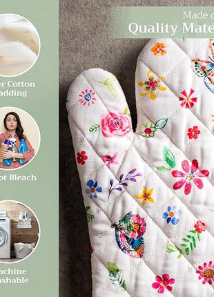 Maison d' Hermine Oven Gloves 100% Cotton Oven Mitt 7" x 13" with Loop Heat Resistant, BBQ, Cooking Gloves, Grilling, Kitchen, Handling Hot Pans Spring/Summer (Pack of 1, Happy Florals - Sweety)