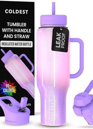 Coldest Tumbler with Handle and Straw - 100% Leak Proof Insulated Tumbler with Lid and Straw (3 Lids) - Stainless Steel Tumblers for Women & Men - Cup Holder Friendly Base, 46 oz (Unicorn)