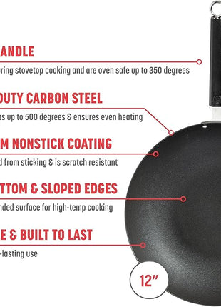JOYCE CHEN Professional Series 12-Inch Carbon Steel Excalibur Nonstick Stir Fry Pan with Phenolic Handle