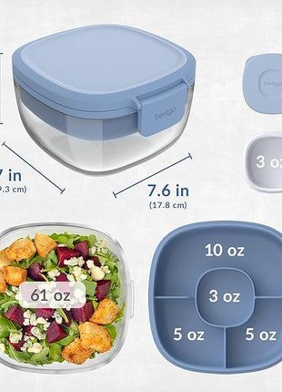 Bentgo Glass All-in-One Salad Container - Large 61-oz Salad Bowl with Lid, 4-Compartment Bento-Style Tray, 3-oz Sauce Container, and Reusable Fork - Dishwasher, Microwave, and Oven Safe (Light Blue)