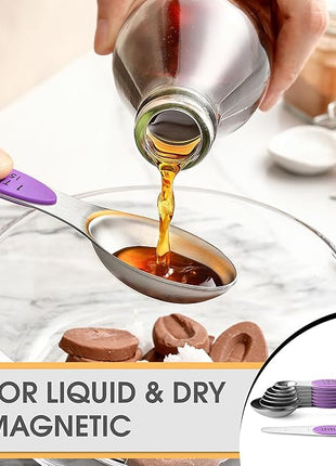 Spring Chef Stainless Steel Magnetic Measuring Spoons Set of 8 with Leveler, Nesting Metal Teaspoon & Tablespoon Measuring Spoons for Food, Heavy Duty Kitchen Gadgets for Baking & Cooking - Orchid