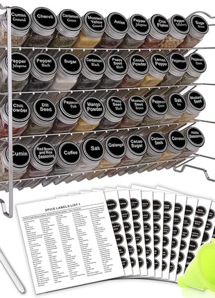 SWOMMOLY Spice Rack Organizer with 36 Empty Square Spice Jars, 396 Spice Labels with Chalk Marker and Funnel Complete Set, for Countertop, Cabinet or Wall Mount,Silver