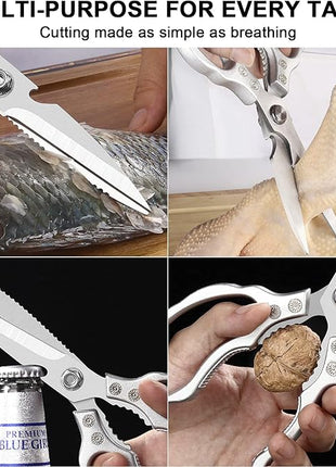 CGBE Kitchen Scissors, Multi-Purpose Kitchen Shears, Heavy Duty Dishwasher Safe Food Scissors for Chicken, Poultry, Fish, Meat & Herbs with Non-Slip Grips - Sliver