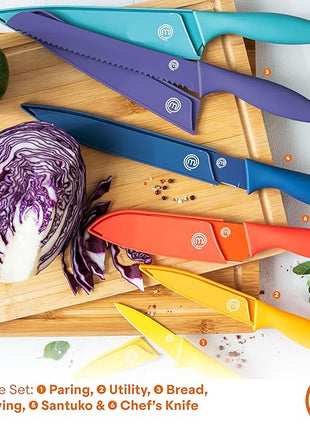 MasterChef Kitchen Knife Set with Covers incl. Paring, Boning, Carving, Bread, Santoku & Chef Knife, Sharp Cutting Stainless Steel Blades with Sheaths, 12 Piece (6 Colored Kitchen Knives & 6 Covers)