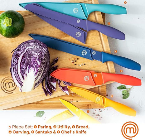 MasterChef Kitchen Knife Set with Covers incl. Paring, Boning, Carving, Bread, Santoku & Chef Knife, Sharp Cutting Stainless Steel Blades with Sheaths, 12 Piece (6 Colored Kitchen Knives & 6 Covers)