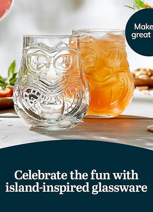Libbey Tiki Split Glass Tumbler Set, Vintage-Style Quirky Drinking Glasses Set of 4, Exotic, Tall Drinking Glass Cups for Backyard Luau or Pool Party