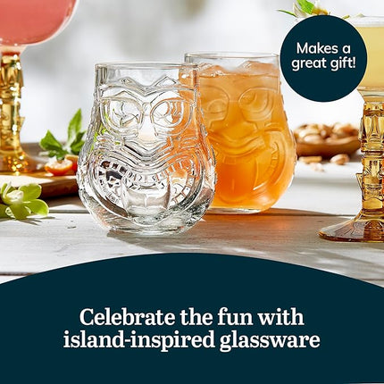 Libbey Tiki Split Glass Tumbler Set, Vintage-Style Quirky Drinking Glasses Set of 4, Exotic, Tall Drinking Glass Cups for Backyard Luau or Pool Party