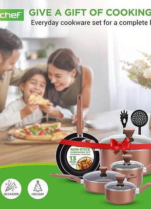 NutriChef 13 Pcs. Nonstick Kitchen Cookware PFOA/PFOS-Free Heat Resistant Kitchenware Set w/Saucepan, Frying Pans, Cooking Pots, Casserole, Lids, & Utensils, Brown, NCCWA13BR