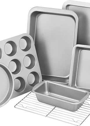 KITESSENSU Baking Pans Sets, Nonstick Bakeware Set 7-Piece with Round/Square Cake Pan, Loaf Pan, Muffin Pan, Cookie Sheet, Roast Pan, Cooling Rack, Carbon Steel Bake Set,Silver