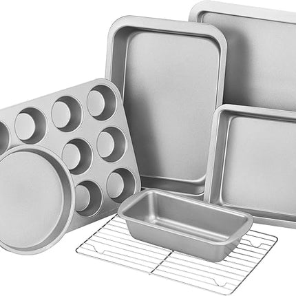 KITESSENSU Baking Pans Sets, Nonstick Bakeware Set 7-Piece with Round/Square Cake Pan, Loaf Pan, Muffin Pan, Cookie Sheet, Roast Pan, Cooling Rack, Carbon Steel Bake Set,Silver