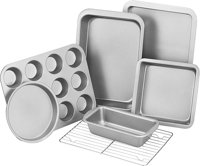 KITESSENSU Baking Pans Sets, Nonstick Bakeware Set 7-Piece with Round/Square Cake Pan, Loaf Pan, Muffin Pan, Cookie Sheet, Roast Pan, Cooling Rack, Carbon Steel Bake Set,Silver