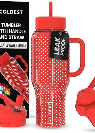 Coldest Tumbler with Handle and Straw - 100% Leak Proof Insulated Tumbler with Lid and Straw (3 Lids) - Stainless Steel Tumblers for Women & Men - Cup Holder Friendly Base, 36 oz (Red Dress)