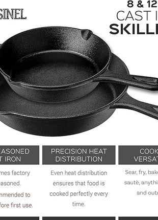 Pre-Seasoned Cast Iron Skillet Set (8-Inch and 12-Inch) Oven Safe Cookware - Heat-Resistant Holders - Indoor and Outdoor Use - Grill, Stovetop, Induction Safe