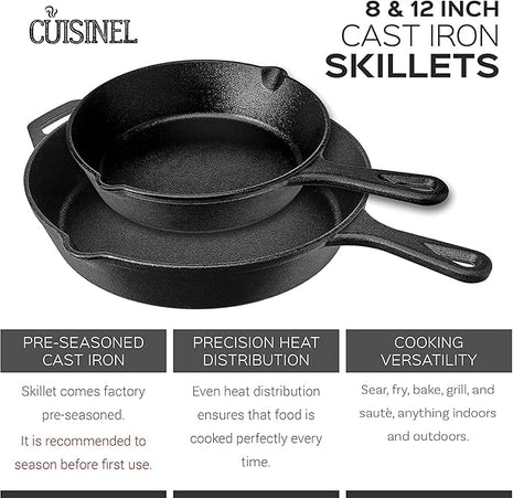 Pre-Seasoned Cast Iron Skillet Set (8-Inch and 12-Inch) Oven Safe Cookware - Heat-Resistant Holders - Indoor and Outdoor Use - Grill, Stovetop, Induction Safe
