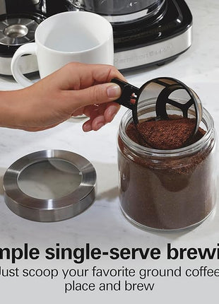 Hamilton Beach 2-Way Programmable Coffee Maker, 12 Cup Glass Carafe And Single Serve Coffee Maker, Black with Stainless Steel Accents, 49980RG