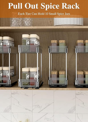 2 Pack Pull Out Spice Rack Organizer for Cabinet, 2 Tier Slide Out Spice Racks Organizer, Spice Cabinet Organizers, Cabinet Size Need:12'' High x 11'' Deep x 5'' Wide, Clear Acrylic