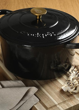 Crock Pot Artisan 7-Quart Round Cast Iron Dutch Oven with Lid – Black Enamel Finish, Gold Knob, Durable Heavy-Duty Cookware for Slow Cooking, Baking, and Roasting