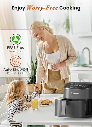 Nuwave Brio Plus Air Fryer 8 Qt, New & Improved, PFAS-FREE, 7 Digital One-Touch Cook Functions that AIR FRY, BAKE, ROAST, DEHYDRATE, TOAST, REHEAT, PREHEAT, 150 Presets, 50°F~400°F (Cool Gray)