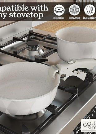 Country Kitchen Cookware Set with Removable Handle, Oven & RV Safe Pots and Pans Set, Cream Diamond, Original