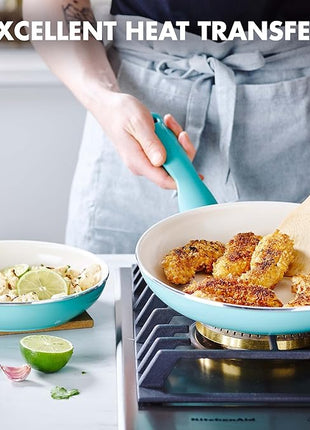 GreenPan Rio Healthy Ceramic Nonstick 7" 9.5" and 11" Frying Pan Skillet Set, PFAS-Free, Dishwasher Safe, Turquoise