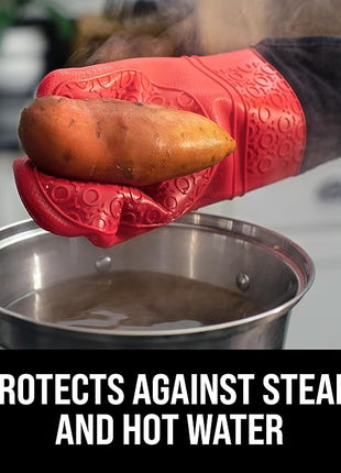 BPA-Free Soft Silicone Oven Mitts - Ultra Heat Resistant Oven Mitts with Thick Cotton Liner - Extra Long Slip Resistant Pot Holders, Flexible Oven Gloves - Red/Black 14.7"