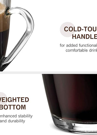Bormioli Rocco Glass Coffee Mug Set, (6 Pack) 10¾ Ounce with Convenient Handle, Tea Glasses for Hot/Cold Beverages, Thermal Shock Resistant, Tempered Glass, for Cappuccino, Latte, Espresso, clear.