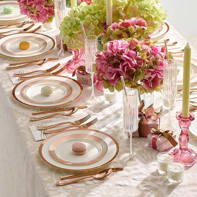 By Madee PREMIUM Elegant Disposable Dinnerware Set - 175 Pc Rose Gold Plastic Plates and Utensils Set with Luxury Napkins - Perfect for Weddings, Bridal & Baby Shower (25 Guests)