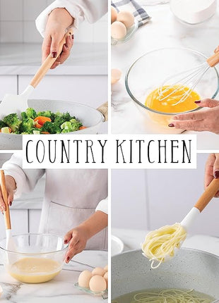 Country Kitchen Non Stick Silicone Utensil Set with Rounded Wood Handles for Cooking and Baking, 14 Piece Set, White