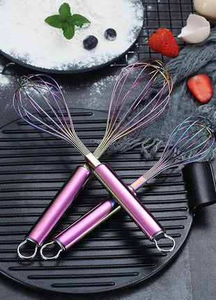 Berglander Rainbow Whisk Pack of 3 Stainless Steel 8",10",12", Titianium Plating Colorful Whisk for Cooking, Beater,Wire Whisk Set Kitchen Wisk (Rainbow)