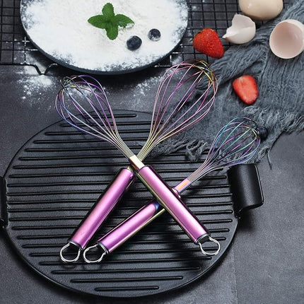 Berglander Rainbow Whisk Pack of 3 Stainless Steel 8",10",12", Titianium Plating Colorful Whisk for Cooking, Beater,Wire Whisk Set Kitchen Wisk (Rainbow)