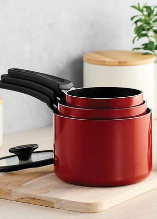 Tramontina Aluminum Non Stick 6-Piece Nesting Sauce Pan Set with Lids - Red, Kitchen Nonstick Cookware Set, Dishwasher and Oven Safe