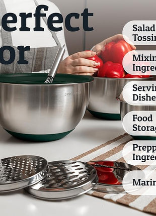 Priority Chef Stainless Steel Mixing Bowls with Lids Set, 3 Grater Attachments, Airtight Lids, Non-Slip Silicone Base Mixing Bowl Set, Large Prep Metal Mixing Bowls for Kitchen, Green