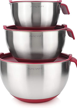 AVACRAFT 18/10 Stainless Steel Mixing Bowls with Lids, non slip silicone base bowls with Handle, Mixing Bowl Set with Pour Spouts & Measurement Marks, Home Essentials Cooking Bowls, (Red)