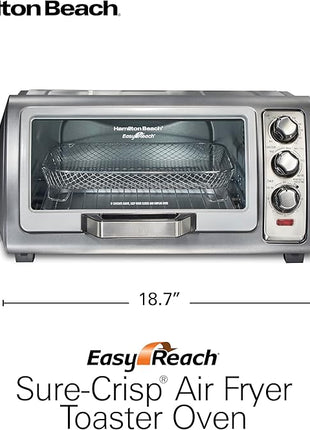 Hamilton Beach Air Fryer Toaster Oven Combo with Large Capacity, Fits 6 Slices or 12” Pizza, 4 Cooking Functions for Convection, Bake, Broil, Roll-Top Door, Easy Reach Sure-Crisp, Stainless Steel