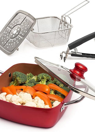 Moss & Stone 5 Pcs Red Copper Chef Cookware Non Stick Deep Frying Pan, Fry Basket, Steamer Rack, Dishwasher & Oven Safe, 5 Qt Deep Square Pan, Induction Copper Cookware Set - 9.5" x 3.5"